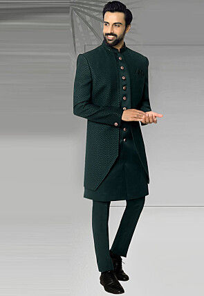 Woven Art Silk Jacquard Sherwani in Dark Teal Green