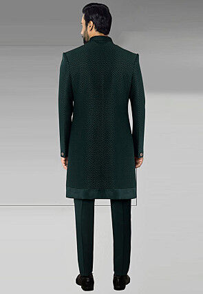 Woven Art Silk Jacquard Sherwani in Dark Teal Green