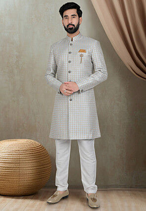 Woven Art Silk Jacquard Sherwani in Dusty Blue