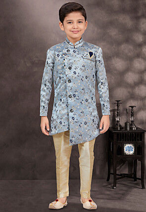 Woven Art Silk Jacquard Sherwani in Dusty Blue