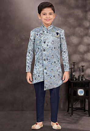 Woven Art Silk Jacquard Sherwani in Dusty Blue
