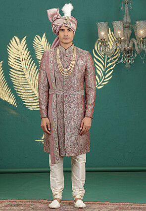 Woven Art Silk Jacquard Sherwani in Dusty Purple