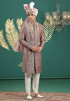 Woven Art Silk Jacquard Sherwani in Dusty Purple