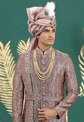 Woven Art Silk Jacquard Sherwani in Dusty Purple