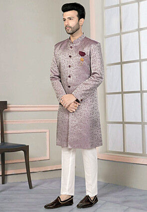 Woven Art Silk Jacquard Sherwani in Dusty Purple