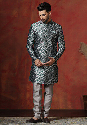 Woven Art Silk Jacquard Sherwani in Grey