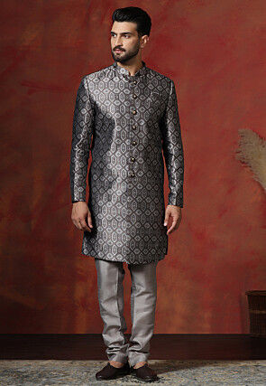 Woven Art Silk Jacquard Sherwani in Grey