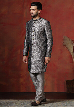 Woven Art Silk Jacquard Sherwani in Grey