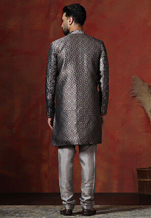 Woven Art Silk Jacquard Sherwani in Grey