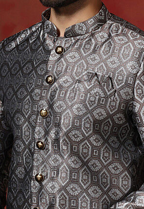 Woven Art Silk Jacquard Sherwani in Grey