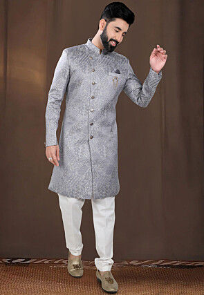 Woven Art Silk Jacquard Sherwani in Grey