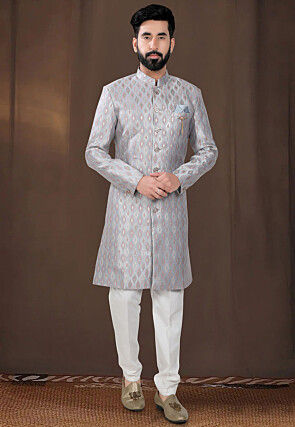 Woven Art Silk Jacquard Sherwani in Grey