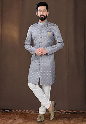 Woven Art Silk Jacquard Sherwani in Grey