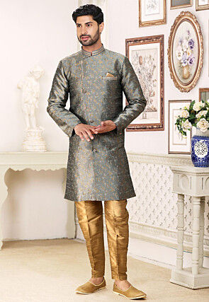 Woven Art Silk Jacquard Sherwani in Grey