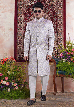 Woven Art Silk Jacquard Sherwani in Grey