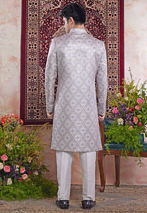 Woven Art Silk Jacquard Sherwani in Grey