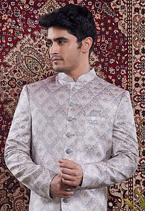 Woven Art Silk Jacquard Sherwani in Grey