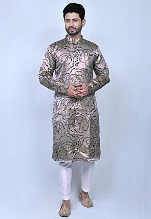 Woven Art Silk Jacquard Sherwani in Grey