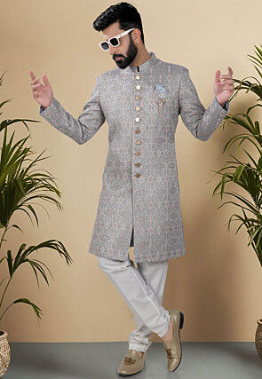 Woven Art Silk Jacquard Sherwani in Grey