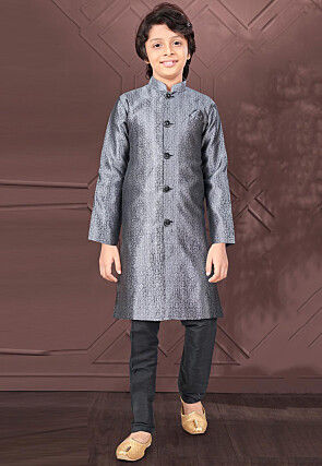 Woven Art Silk Jacquard Sherwani in Grey