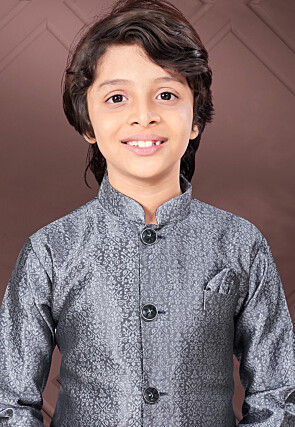 Woven Art Silk Jacquard Sherwani in Grey