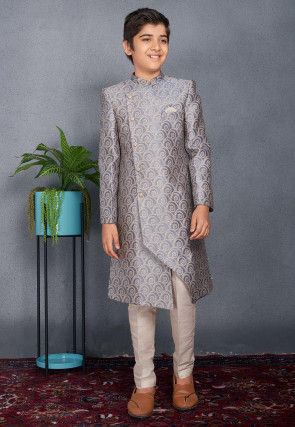 Woven Art Silk Jacquard Sherwani in Grey