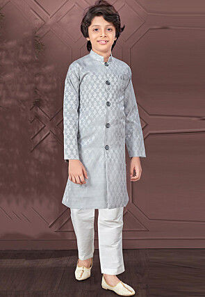 Woven Art Silk Jacquard Sherwani in Grey