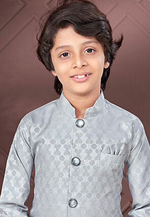 Woven Art Silk Jacquard Sherwani in Grey