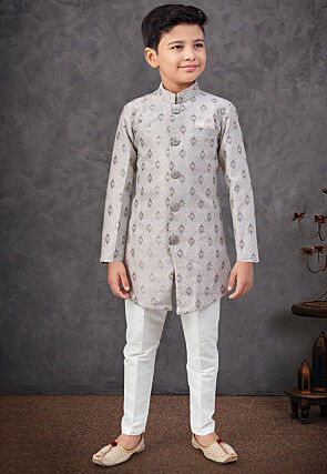 Woven Art Silk Jacquard Sherwani in Grey