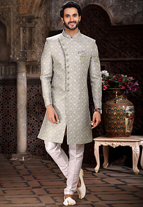 Woven Art Silk Jacquard Sherwani in Grey