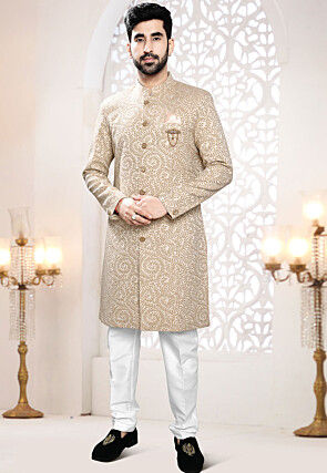Woven Art Silk Jacquard Sherwani in Light Beige