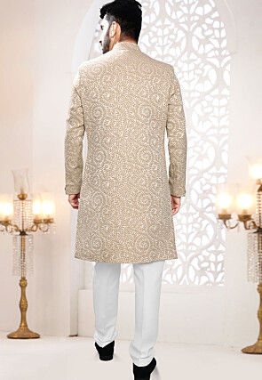 Woven Art Silk Jacquard Sherwani in Light Beige