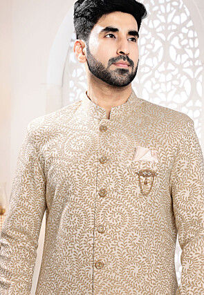 Woven Art Silk Jacquard Sherwani in Light Beige