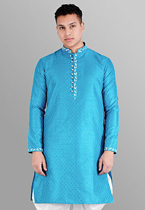 Woven Art Silk Jacquard Sherwani in Light Blue