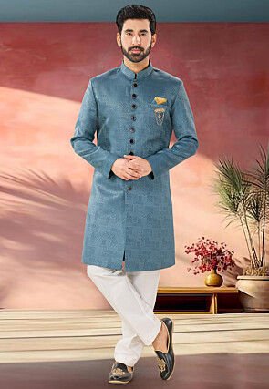 Woven Art Silk Jacquard Sherwani in Light Blue