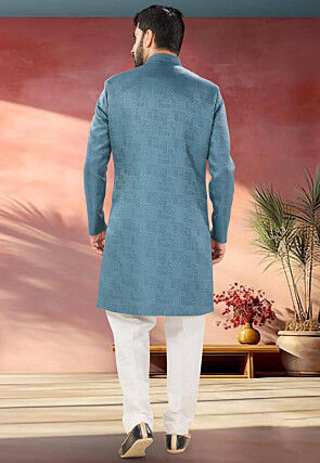 Woven Art Silk Jacquard Sherwani in Light Blue