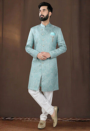 Woven Art Silk Jacquard Sherwani in Light Blue