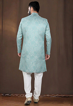 Woven Art Silk Jacquard Sherwani in Light Blue