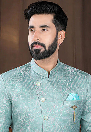 Woven Art Silk Jacquard Sherwani in Light Blue