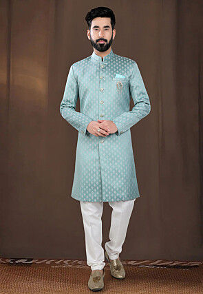 Woven Art Silk Jacquard Sherwani in Light Blue