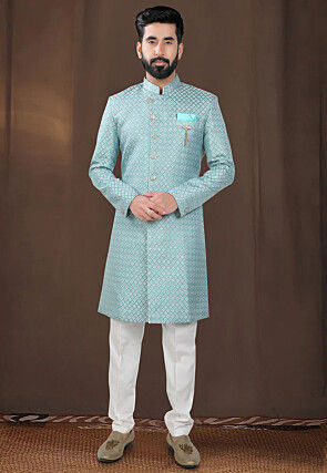 Woven Art Silk Jacquard Sherwani in Light Blue