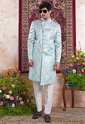 Woven Art Silk Jacquard Sherwani in Light Blue