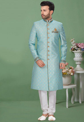 Woven Art Silk Jacquard Sherwani in Light Blue