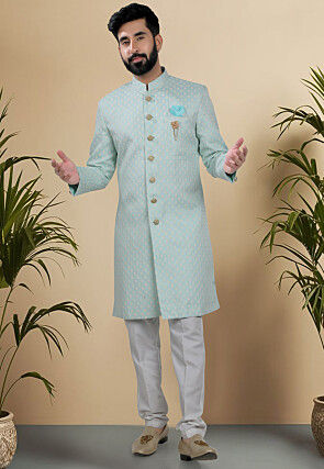 Woven Art Silk Jacquard Sherwani in Light Blue