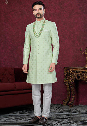 Woven Art Silk Jacquard Sherwani in Light Green
