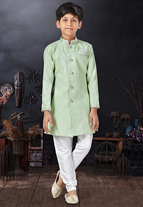Woven Art Silk Jacquard Sherwani in Light Green