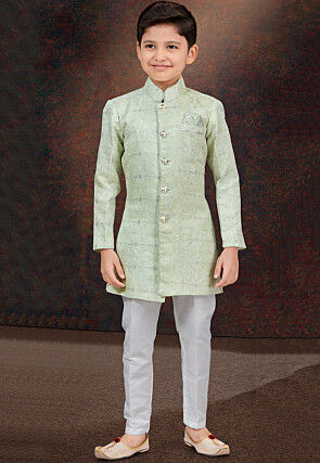Woven Art Silk Jacquard Sherwani in Light Green