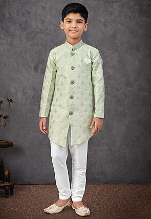 Woven Art Silk Jacquard Sherwani in Light Green
