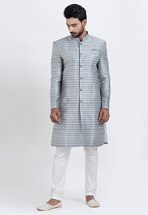 Woven Art Silk Jacquard Sherwani in Light Grey