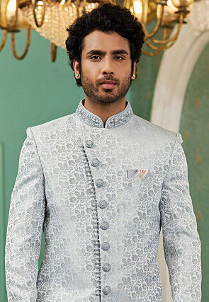 Woven Art Silk Jacquard Sherwani in Light Grey